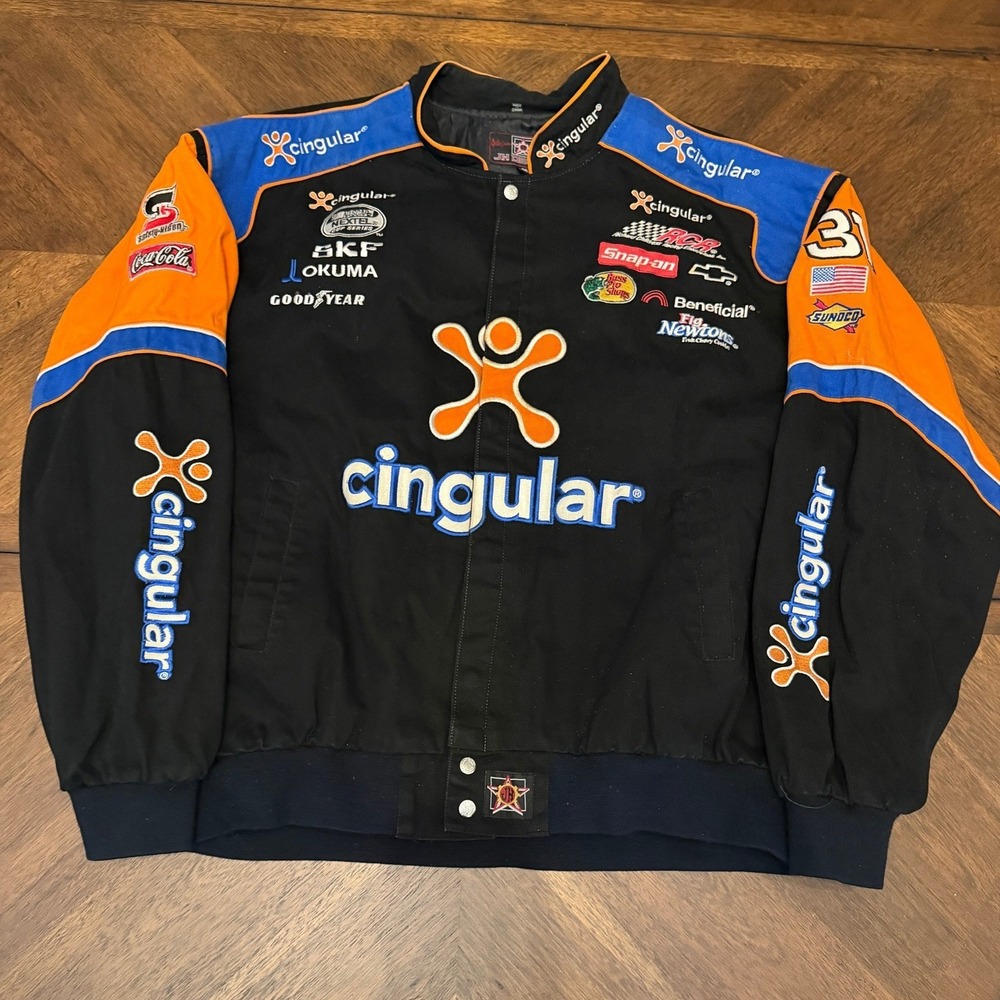 JH Design NASCAR Jeff Burton 31 Cingular Wireless Racing Jacket Black Orange 4XL